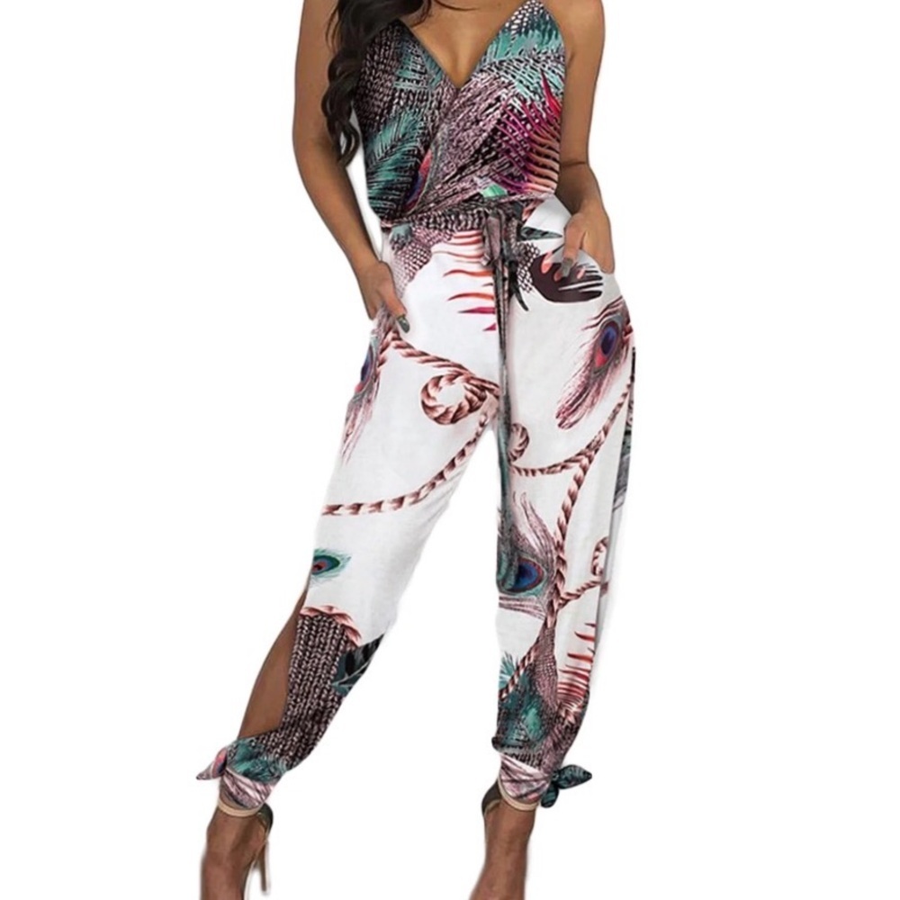 Peacock Print Jumpsuit Deep V-neck Sleeveless Spaghetti Strap Split Side Leg M